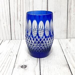 Vintage Cobalt Blue Cut to Clear Crystal Highball Tumbler Glass